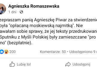 Agnieszka Piwar: Romaszewska publicznie przeprasza za określenie „opłacana moskiewska najmitka”!