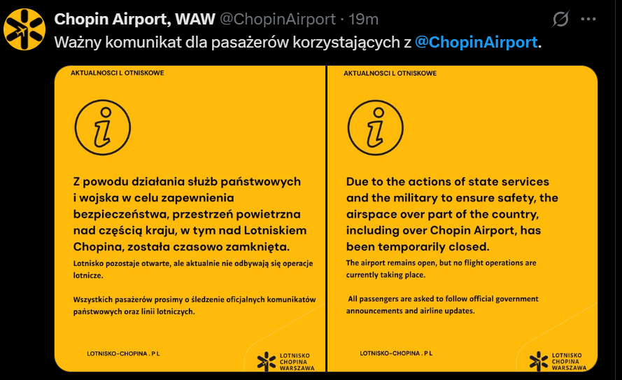 Cztery polskie lotniska zamknięte z powodu “nieplanowanych działań wojskowych”