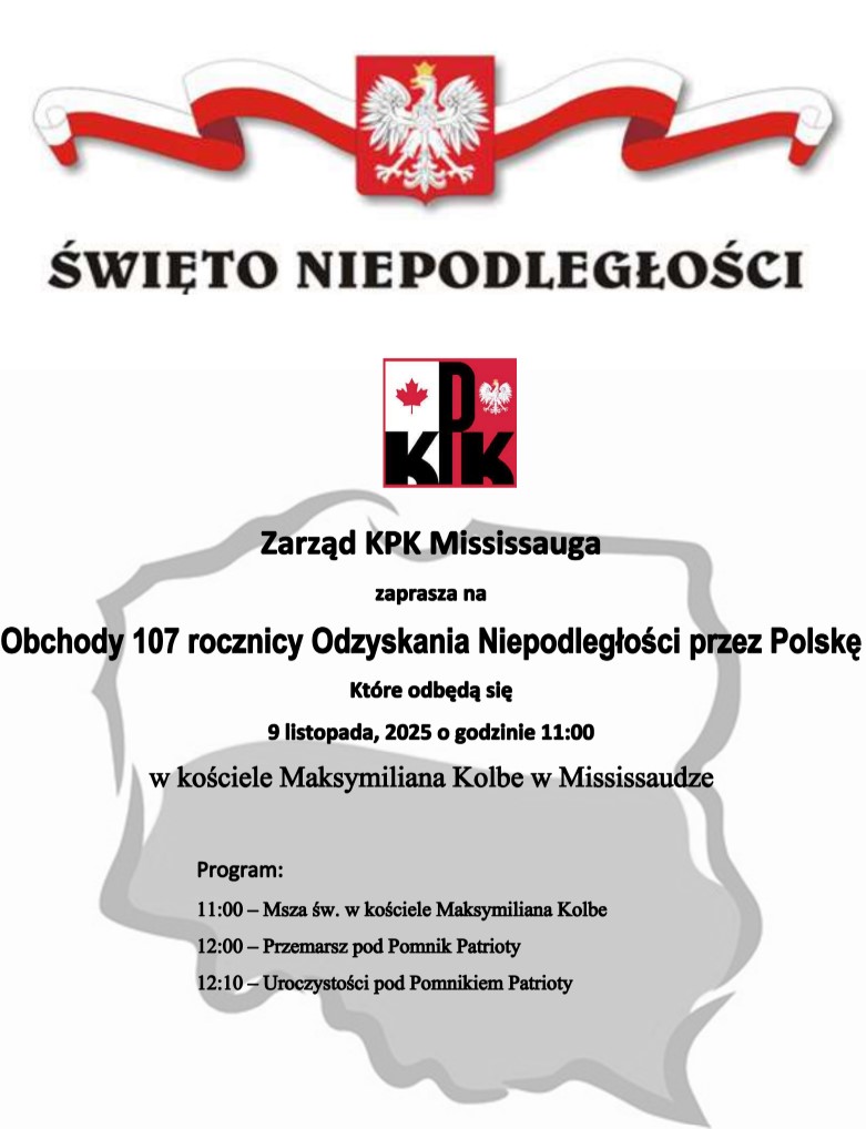Zaproszenie na obchody Odzyskania Niepodległości organizowane przez KPK Okręg Mississauga