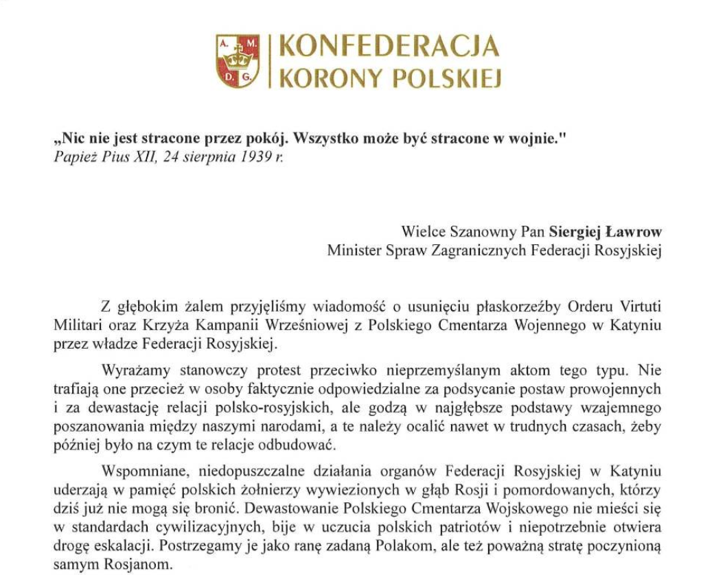 Konfederacja Korony Polskiej pisze do Ławrowa