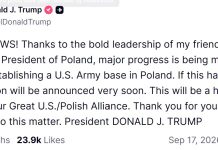 Donald Trump ogłosił w czwartek „znaczne postępy” w sprawie utworzenia stałej bazy Armii USA w Polsce.